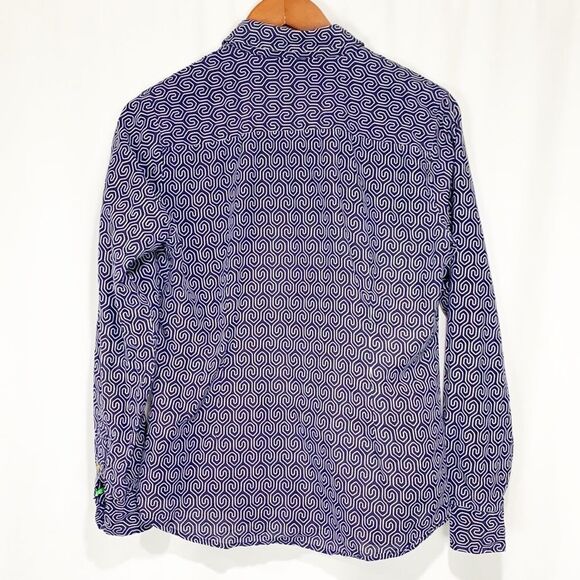 C. Wonder Blue and White Geometric Silk Cotton Blend Button Down Blouse Small - Picture 2 of 13
